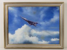 Oil on canvas RAF Fighter plane speeding through the clouds, signed lower right Westwood 06,