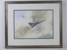 Watercolour; two RAF fighter planes in the clouds, indistinct signature,