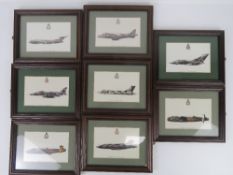 A set of framed RAF plane prints being 'Lancaster I', Harrier GR7', 'Vulcan B2', 'Buccaneer S2B',