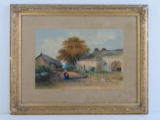 Watercolour; village scene, thatched bar