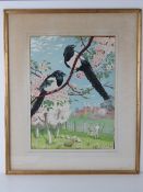 Watercolour; a brace of Magpies 'Two for