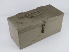 A WWII British Military Vehicle storage box, also used as a first aid box, sandy colour.