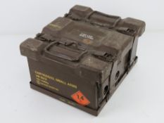 Four British 7.62 ammo boxes with carry box.