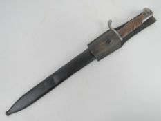 A WWI German Butcher bayonet with scabbard and frog, makers mark ALEX.