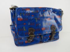 A London themed dark blue satchel type handbag 'as new', approx 35 x 26cm.