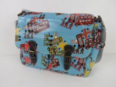 A London themed light blue satchel type handbag 'as new', approx 35 x 26cm.
