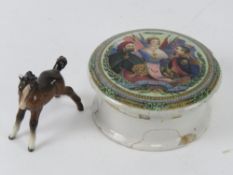 A Prattware pot lid depicting Queen Victoria and two other heads of state 'Tria Jumcta in Uno'