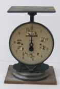 A green painted cast iron Salter scale No.50, a/f.