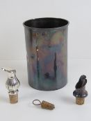 A small carafe cork and silver plated and stopper together with two wine pouring spouts.