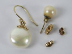 Two single pearl and gold earrings and three gold butterfly backs.