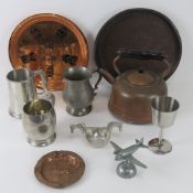 A quantity of assorted metalware including planished copper tray, electric copper teapot,