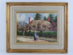 Watercolour; thatched cottage with rose trees, figures before, signed lower left OEM Cliffe 1918(?),