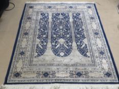 A silk rug in blue ground having Architectural design upon, 170 x 126cm.