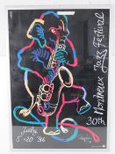 A framed art poster celebrating the 1996 Montreaux Jazz Festival featuring a brightly coloured