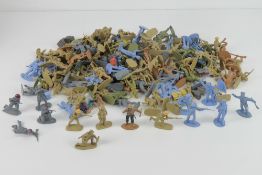 A quantity of plastic army figurines being British, German and Russian armies in WWI style uniforms.