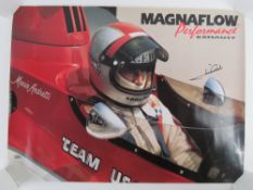 Two hand signed full colour magniflow performance exhaust posters, each signed by Mario Andretti,