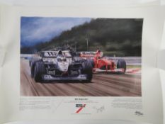 Two coloured prints 'Montoya Magic' Monaco Grand Prix 2003 by Jim Dugdale.