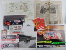 A quantity of assorted automobilia including printed drawings of a 2012 HP car,