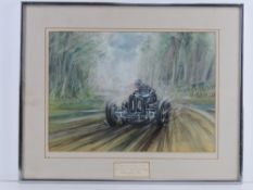 An original pastel and chalk study by Phil May, Raymond Mays ERA wins the race Donington 1937,