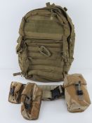 A British Military desert webbing belt with three pouches and water bottle,