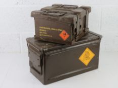 Four British 7.62 ammo boxes with carry box and large British Military ammo tin.