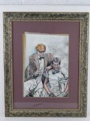 Watercolour study of Mike Hawthorn and Peter Collins in their only victory together in the