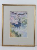 Watercolour by Guy Gravett entitled 'Glyndebourne in spring blossom and daffodils',