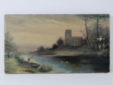 Oil on canvas; an early 19th century naive study of a man in punt, river ducks and church beyond,