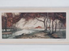 Print; Autumnal riverside scene, buildings beyond, signed indistinct lower right 12 x 29cm.
