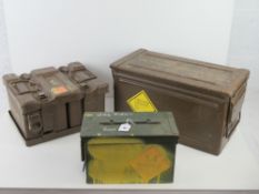 A quantity of British Military ammo boxes including; a large ammo tin, a British 4 x 7.