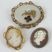 A Victorian chalcedony brooch in gilt metal frame, slightly a/f,