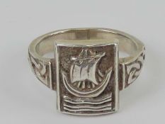 A silver ring having Viking style ship and Celtic pattern upon, stamped silver, size N.
