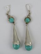 A pair of silver and turquoise earrings in the Art Nouveau style, stamped 925, 8cm drop.