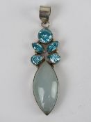 A large quartz and blue stone pendant, stamped 925, length inc bale 6.5cm.