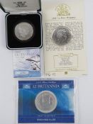 Three 1oz silver proof Britannia coins being 2004, 2006 and 2008, each in protective case.