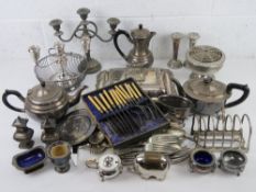 A quantity of silver plated items including; lidded tureen, candelabras, toast rack, coffee pot,