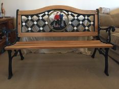 A Golf themed West Sussex Oak and cast metal framed garden bench, having Berkley Forge plate upon,