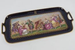 A good ceramic twin handled cobalt blue ground decorative tray with pastoral Georgian scene upon,