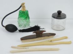 A cut glass perfume atomise together with assorted dressing table items inc foam glove stretchers,