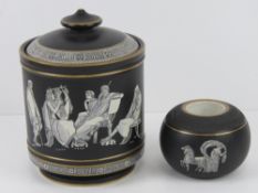 A Pratt Fenton Ware 'Old Greek' tobacco jar with liner, 13cm high,