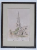 Print; St Andrews Church Barnwell, Northamptonshire, hand tinted, in Hogarth frame, 48 x 37cm.