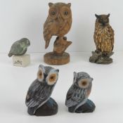 Five assorted owl figurines inc carved wood standing 19cm high, owl on plinth,