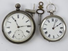 Two HM silver cased open face pocket watches, both slightly a/f and complete with key.