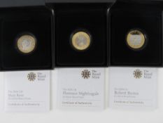 Three silver proof Royal Mint commemorative coins,
