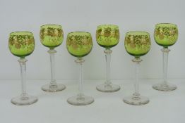 A set of six extraordinarily fine gilded air twist stem Hock glasses, each standing 18.5cm high.