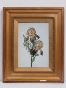 Glass painting; a delicately hand painted orchid on opaque milk glass panel,