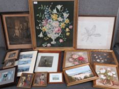 A quantity of assorted prints, contemporary paintings, needlepoint, etc.