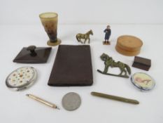 A quantity of assorted collectables including a Marmite ink blotter, collapsible horn tot cup, a/f,