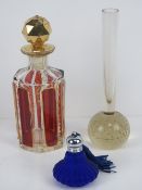 A Venetian glass scent bottle and an opaque blue glass scent bottle with plated top.