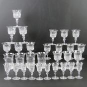 A quantity of assorted cut glassware including liqueurs, wines, tumblers, etc.